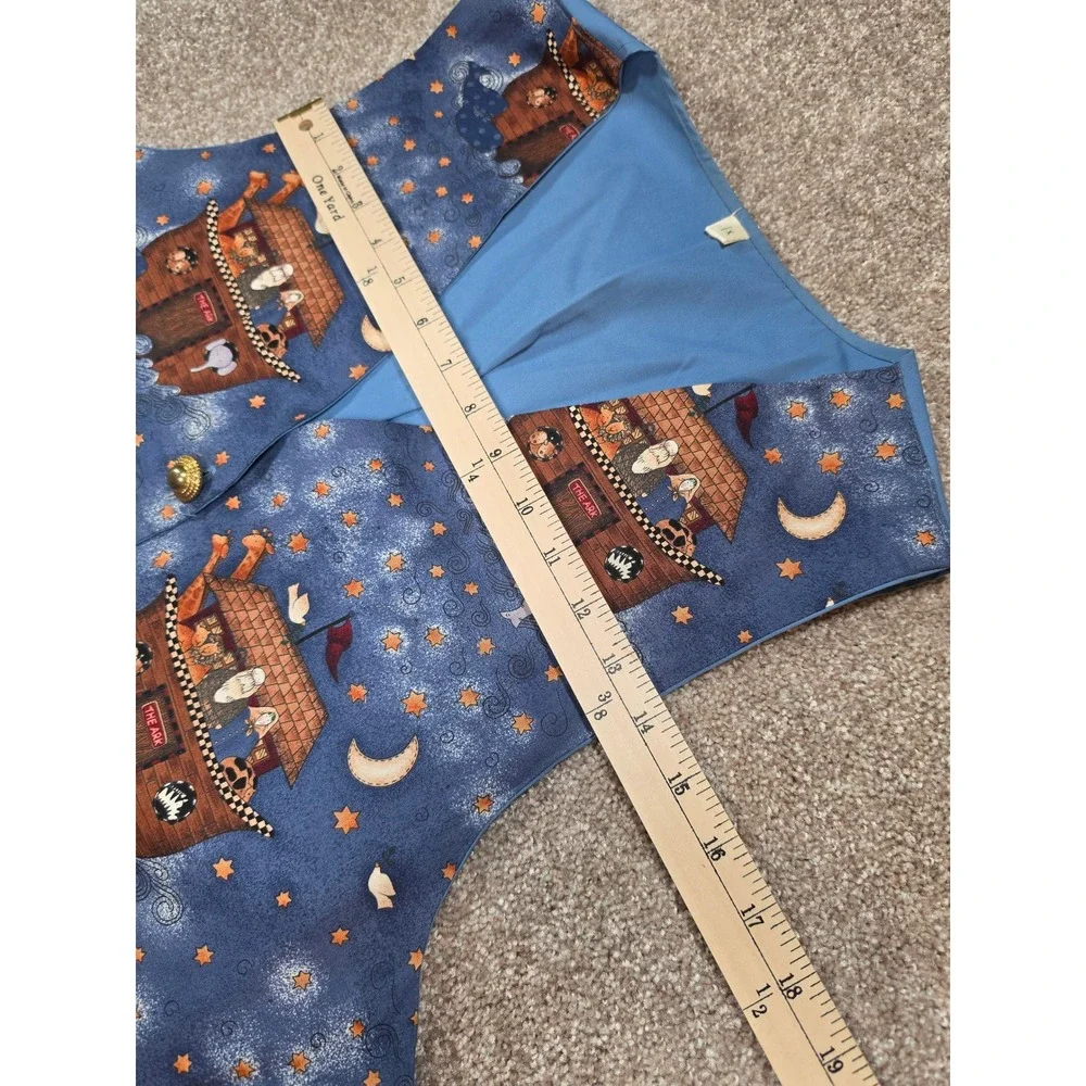 Vintage‎ Noahs Ark Animals Novelty Print Vest Blue Gold Buttons Teacher Size 1X